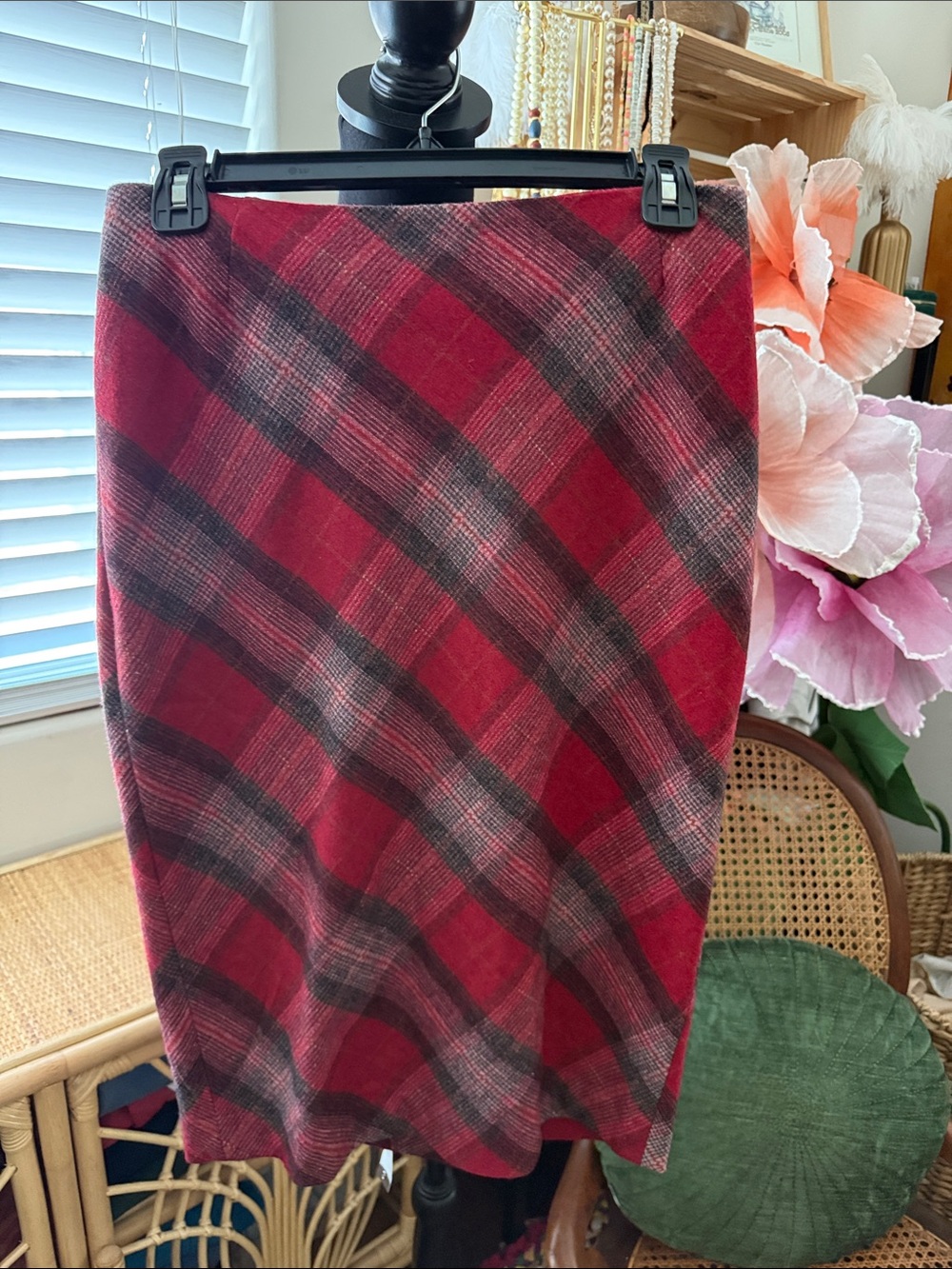 Vintage 90s/Y2K Poetry Red Plaid Wool Blend Dark Academia Grunge Midi Skirt